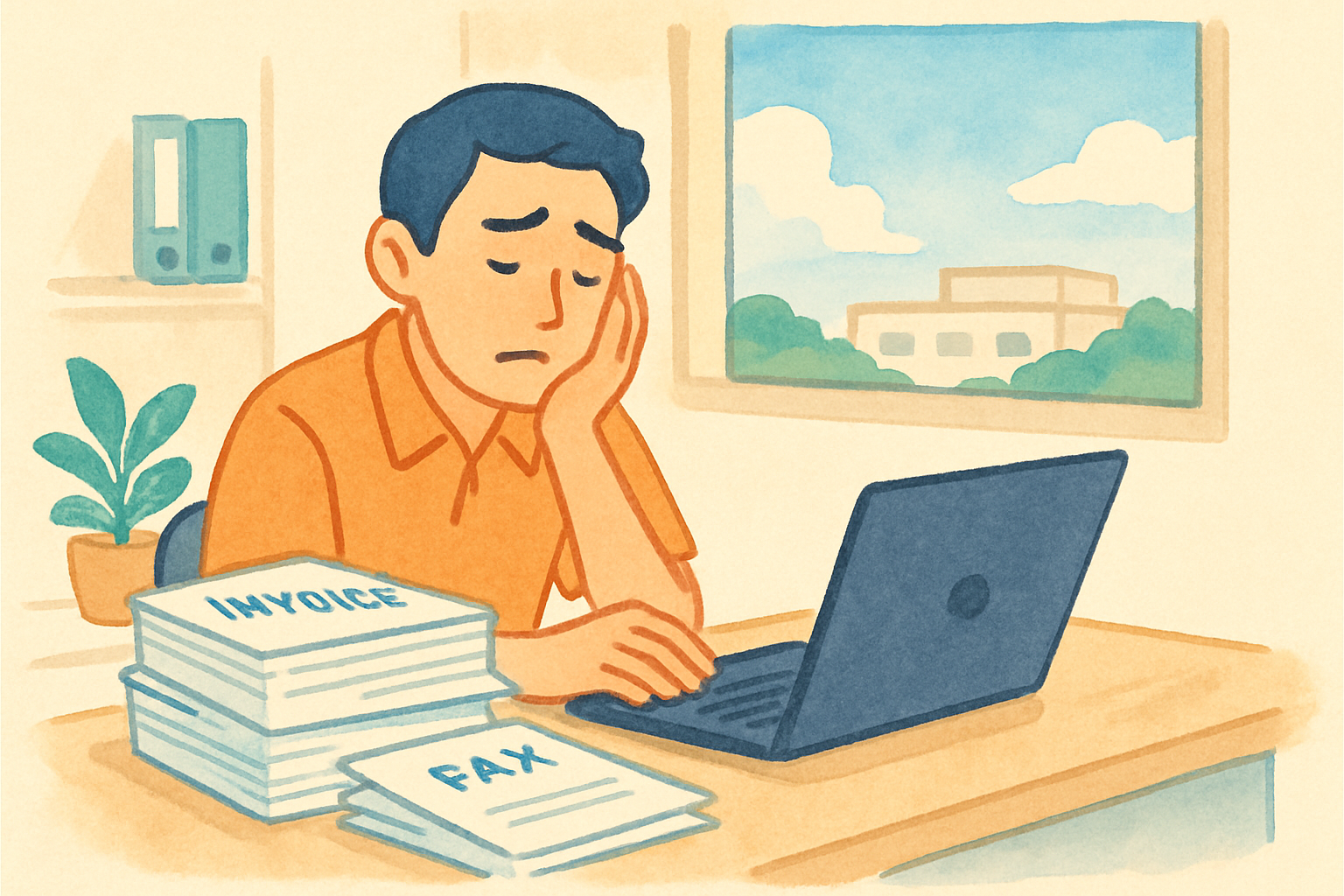 沖縄の小さな事務所で、机の上に積まれた紙の請求書とFAX用紙を前に、担当者がパソコンのキーボードに手を置いてため息をつく午後の場面。窓の外には青い空と低い建物