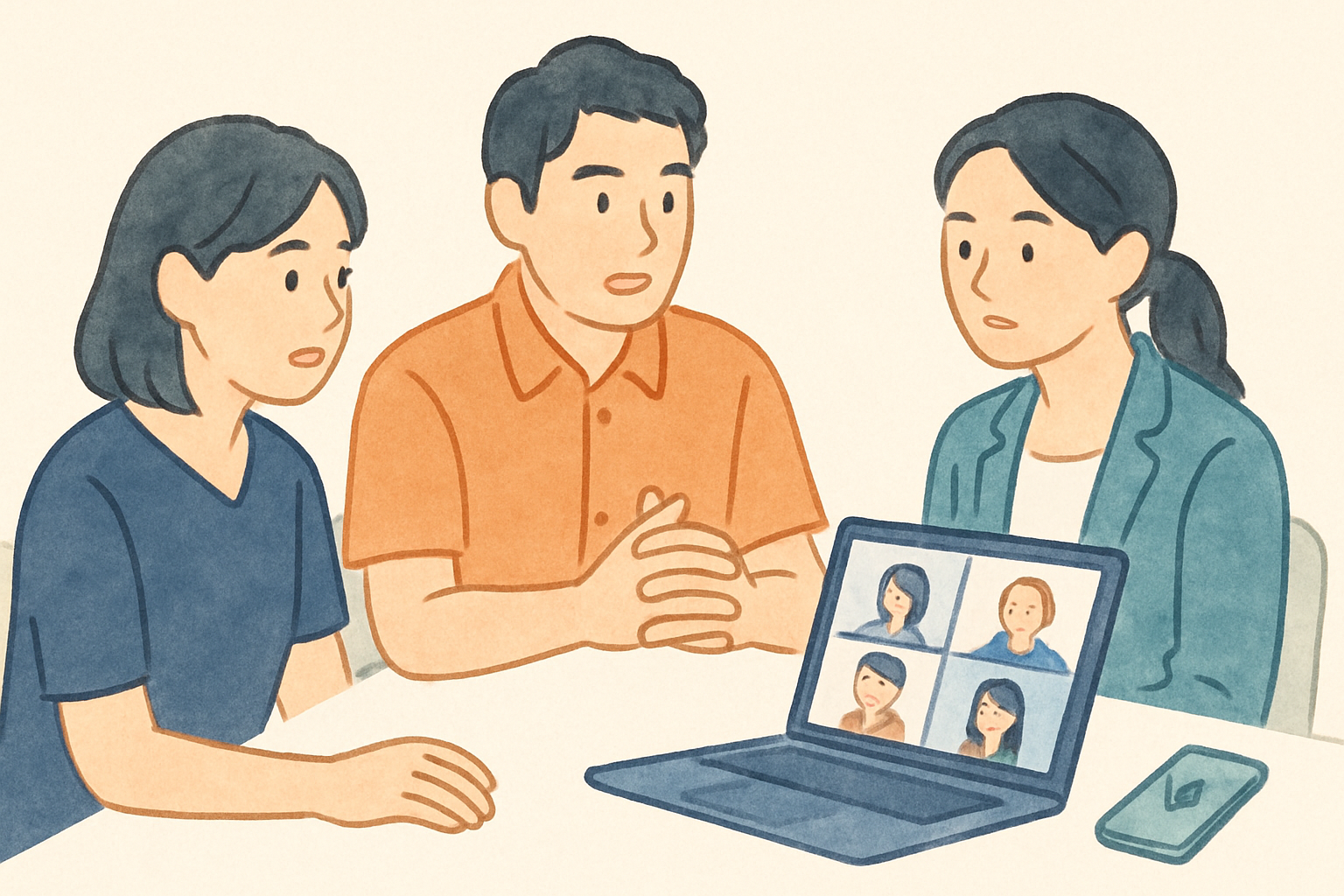 ノートパソコンの前で、オンライン会議を録音しながらメモを取らずに話し合いに集中している沖縄の中小企業の会社員たち
