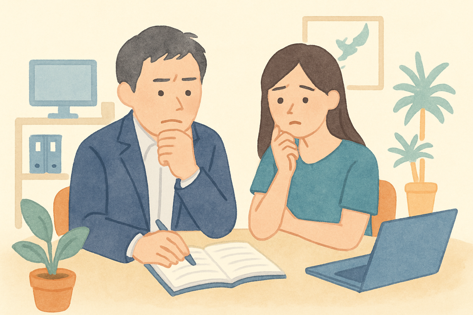 沖縄の小さな会社の事務所で、手元のノートを見ながら「どこから手をつけよう」と考えている経営者と社員