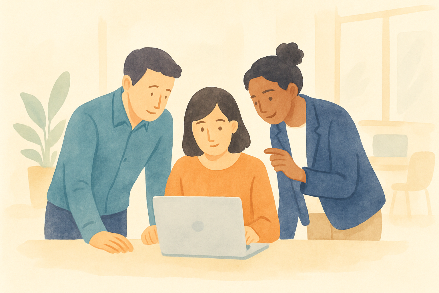 会社の一角で、パソコンの画面を一緒にのぞきこみながら、新しいやり方を1つだけ試している少人数のチーム