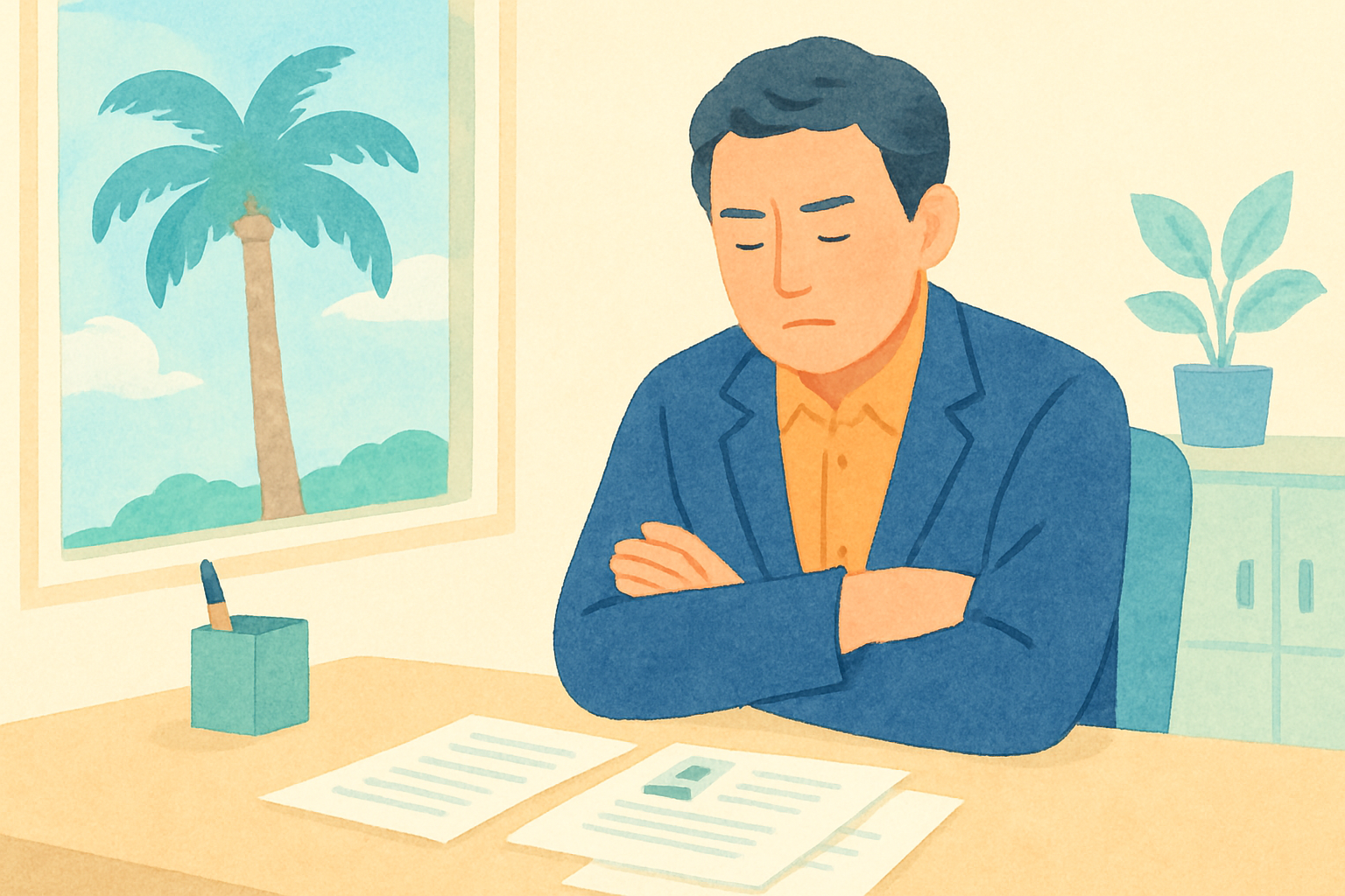 沖縄の中小企業のオフィスで、机の上に数枚しかない応募書類を前に腕を組んで考え込む経営者。窓の外には青い空とヤシの木が見える