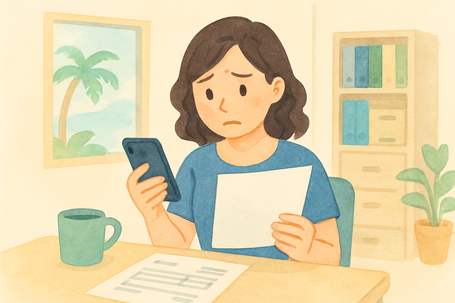 沖縄の小さな事務所で、パートの女性がスマートフォンを片手に困った表情で書類を見比べている様子。机には見積書らしき紙とマグカップが置かれている