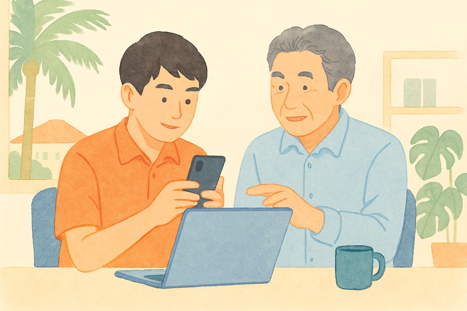 沖縄の事務所で、若い社員がスマートフォンでパソコンの画面を撮影しながら、隣のベテラン社員に作業を教わっている場面