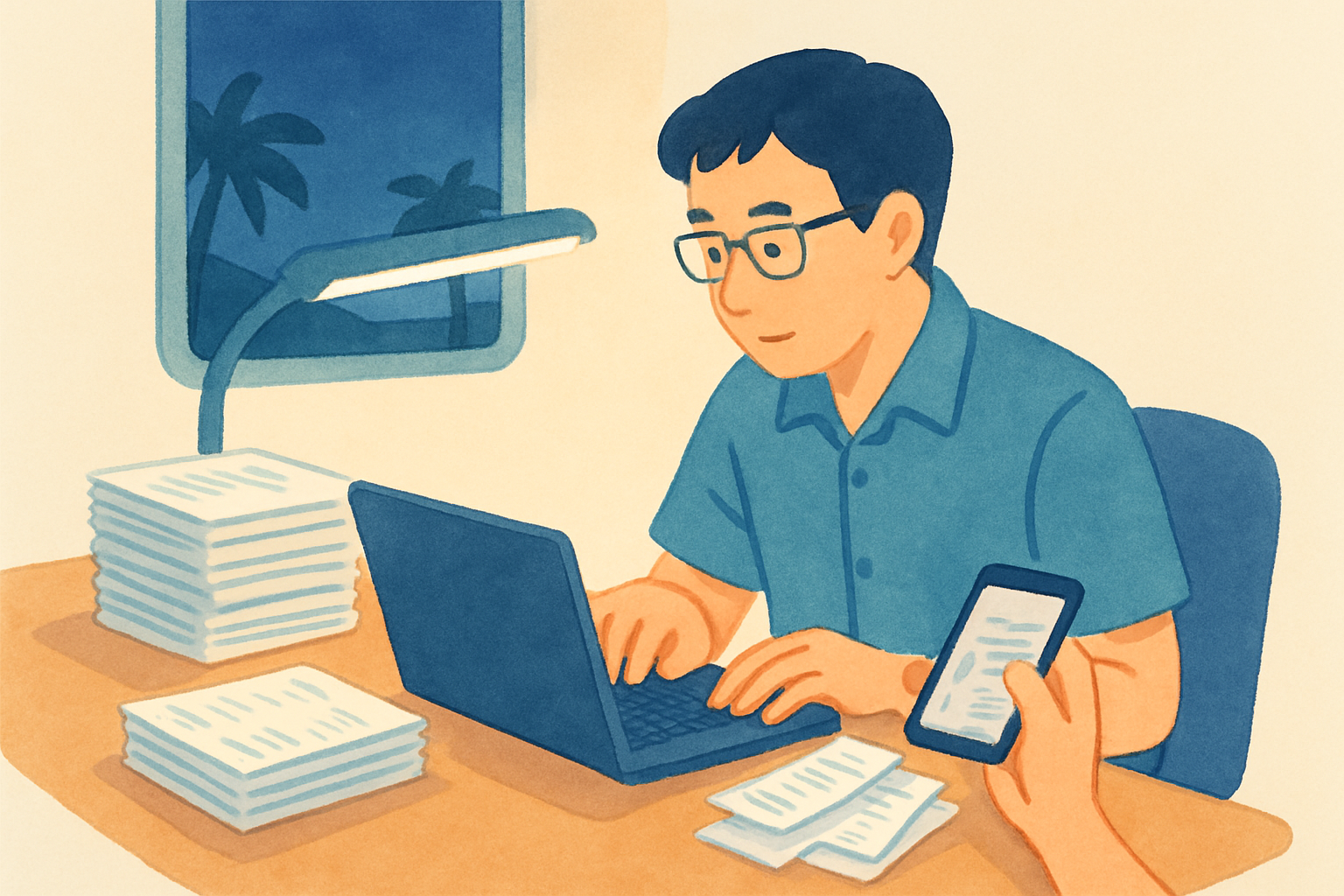 沖縄の小さな事務所で、机に積まれた手書き伝票とスマホで撮った領収書の束を前に、夜遅くパソコンへ数字を打ち込んでいる担当者。窓の外は暗く、蛍光灯が机を照らしている
