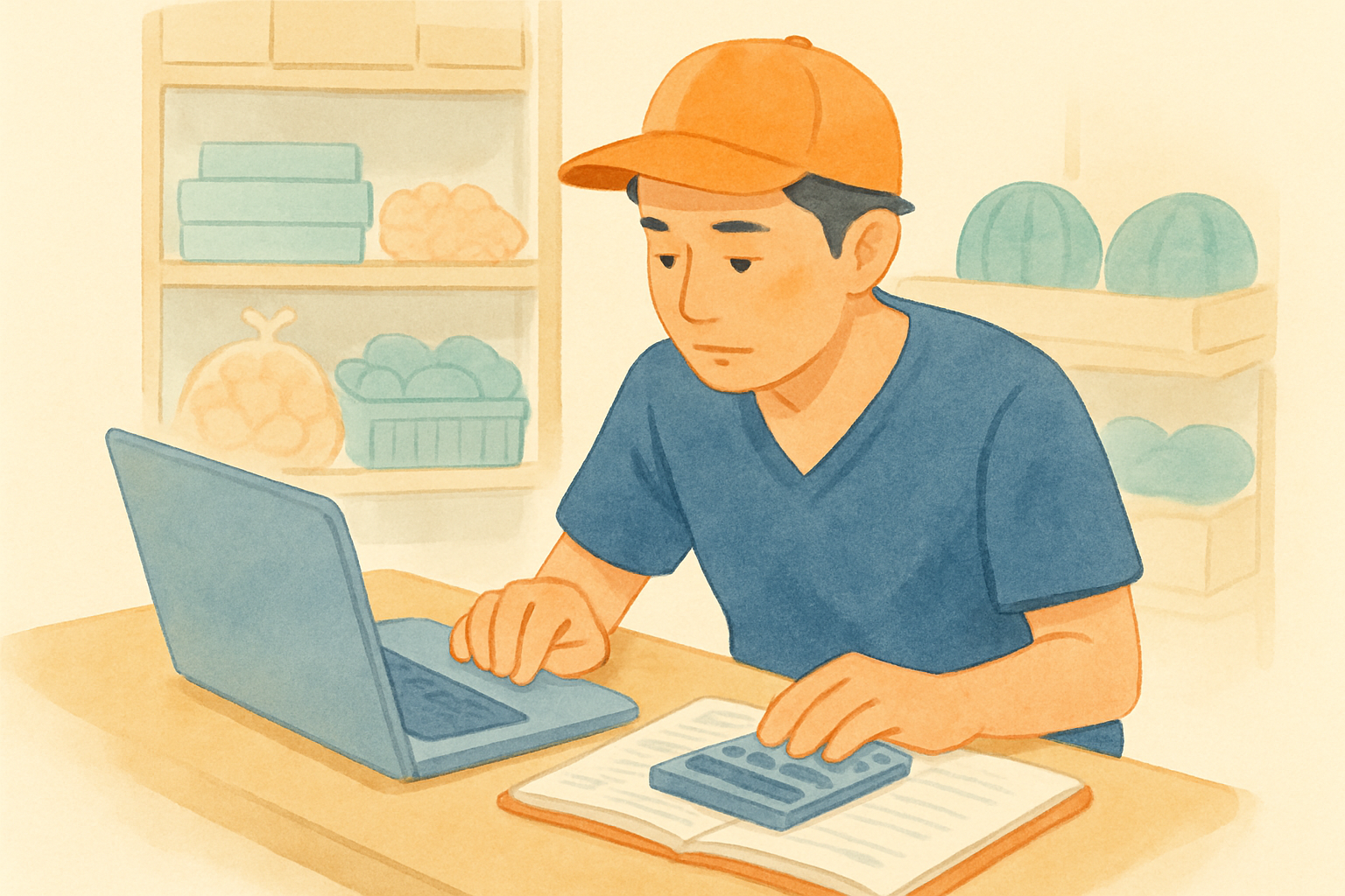 沖縄の小さな商店のバックヤードで、店主が電卓と手書きのノートを前に売上を集計しながら、机の上のノートパソコンの画面をのぞき込んでいる場面
