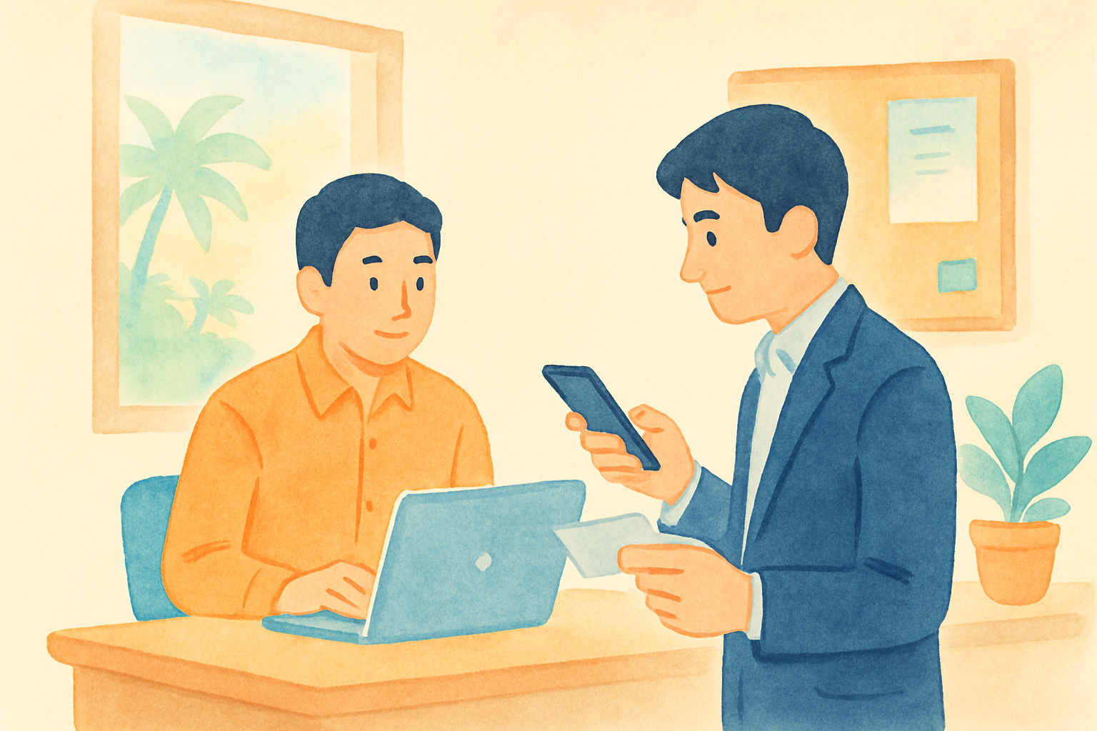 沖縄の小さな会社の事務所で、経営者がノートパソコンを開き、取引先らしき人物が名刺を手にスマートフォンで会社を調べようとしている場面。窓の外にはやわらかい南国の光