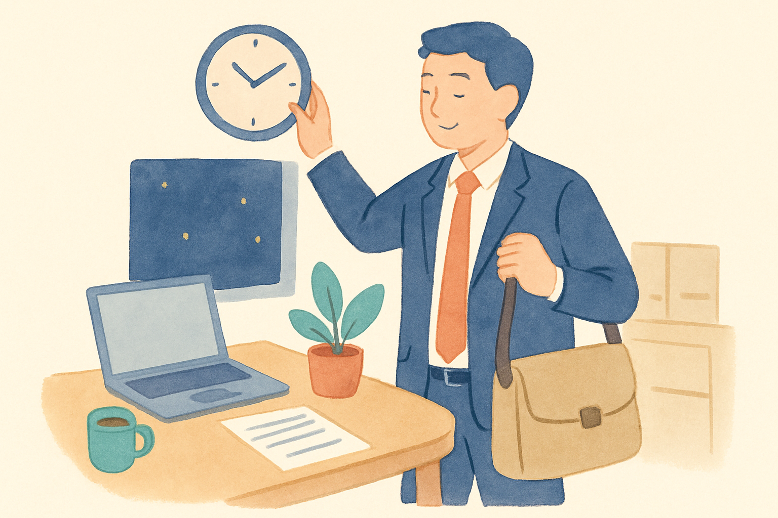 夜の事務所で担当者が一通のメールを用意し終え、時計を確認しながら安心した表情で帰り支度をしている様子。机の上には冷めたお茶と観葉植物