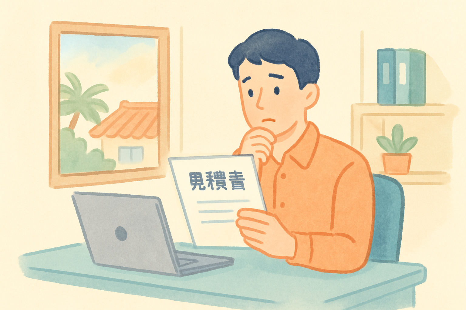 沖縄の小さな事務所で、パソコンの前に座った担当者が見積書らしき書類を手に、入力してよいか迷って手を止めている場面。窓の外にはやわらかな日差し