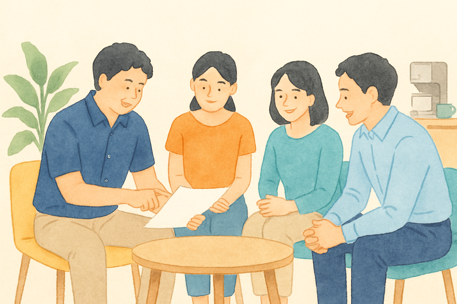 沖縄の中小企業の休憩スペースで、数人の社員が一枚の紙を囲みながら、うなずき合って和やかに話し合っている場面