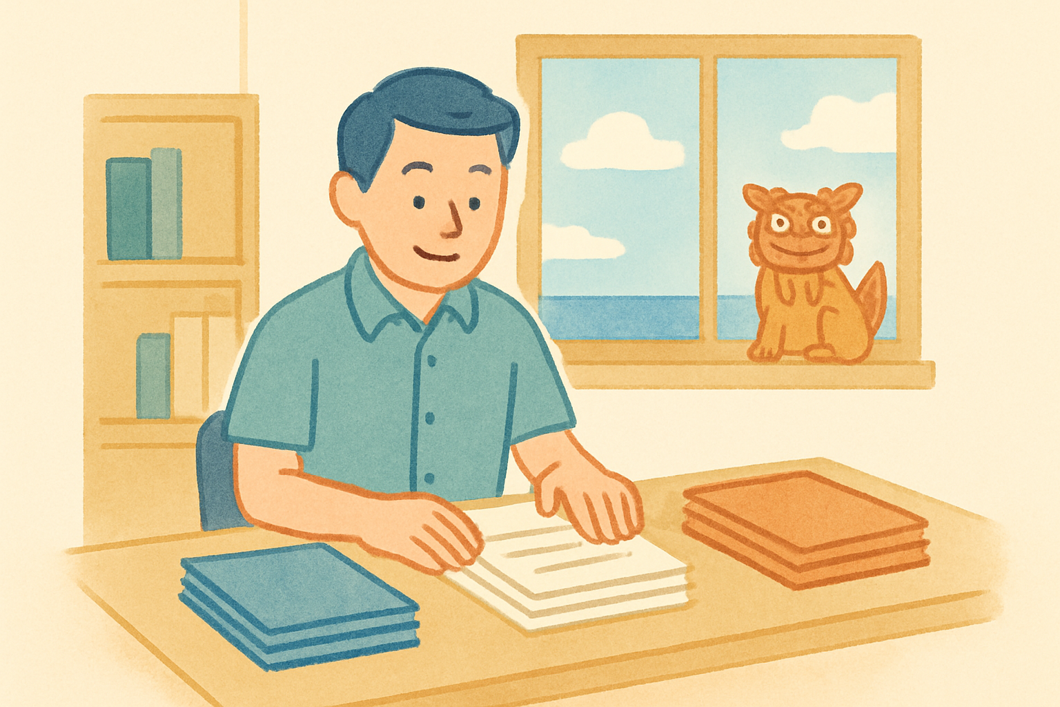 沖縄の小さな事務所で、店主が机の上の書類を3つの山に分けて置いている様子。窓の外には青い空とシーサーの置物