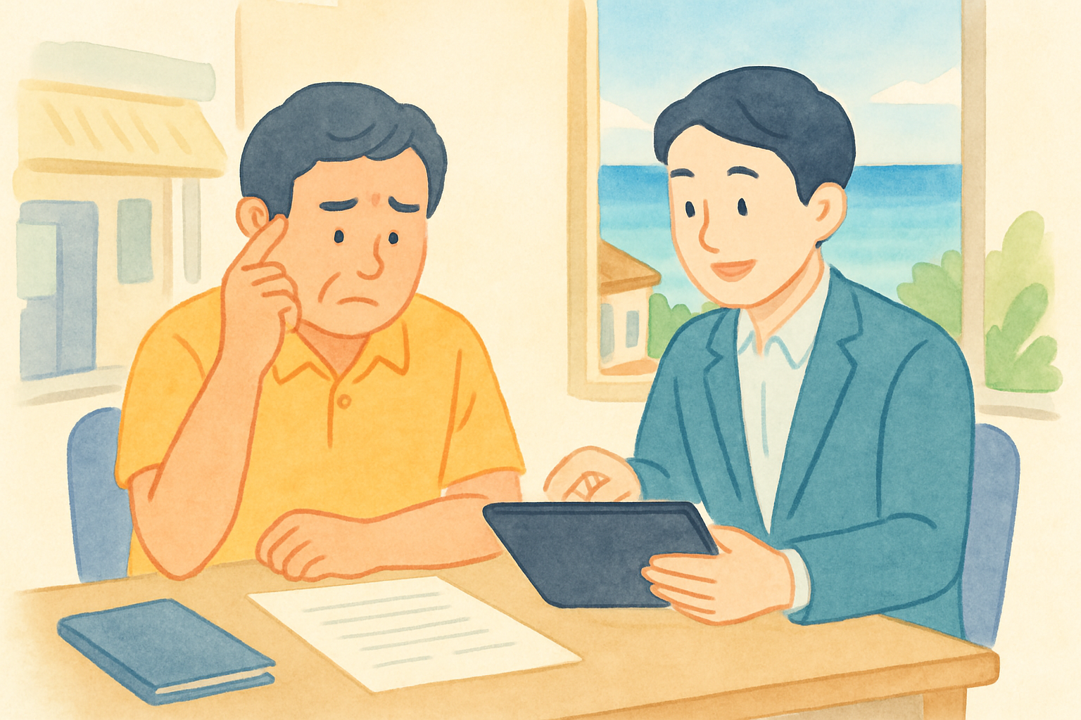 沖縄の海が見える商店街の小さな事務所で、書類とタブレットを前に少し困った表情の店主と、隣で落ち着いて説明する相談員