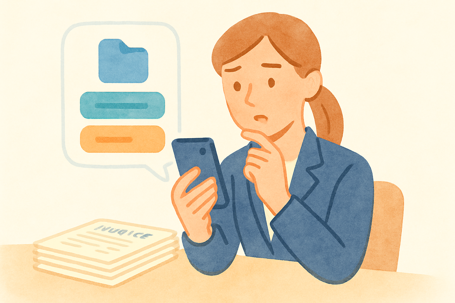 スマートフォンでファイルの共有設定画面を確認しながら、閲覧か編集かを選ぶかどうか少し迷っている表情の事務員。デスクには請求書らしき紙束