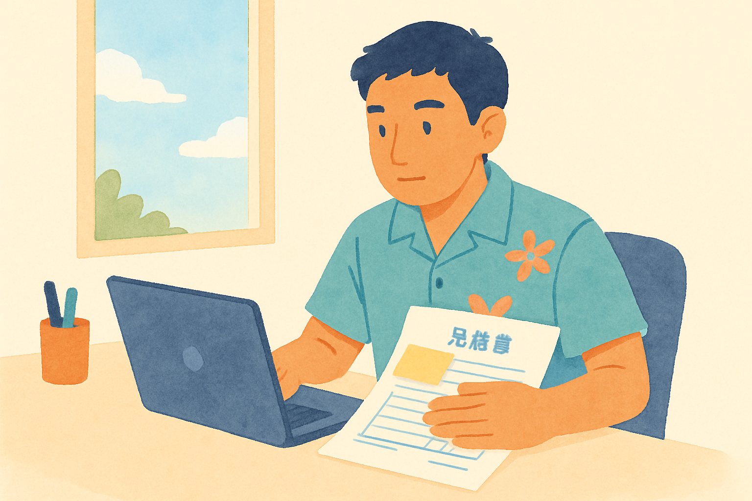 沖縄の小さな会社の事務所で、担当者が紙の見積書に付箋を貼り、取引先名の欄を手で隠しながらパソコンに向かっている場面。窓の外に青い空とゆるやかな日差し