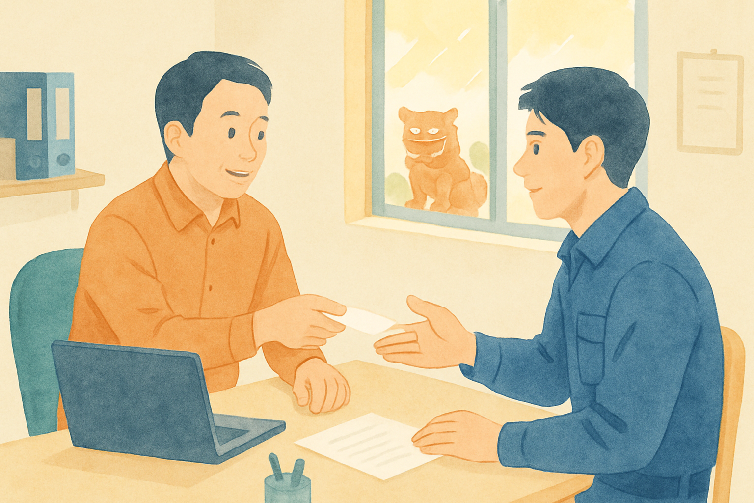 沖縄の小さな事務所で、店主が机の向かいに座る作業服の職人風の人へメモを渡そうとしている場面。窓の外には日差しとシーサーの置物。指示を伝えるやり取りの雰囲気