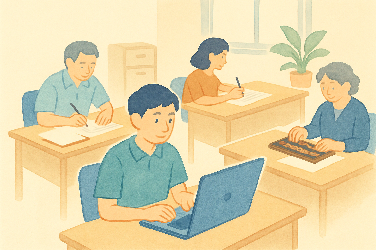 沖縄の小さな事務所で、一人だけがパソコンに向かって新しい作業を試している一方、周りの席の同僚は昔ながらの手書き書類やそろばんを使い続けている静かな昼下がりの様子