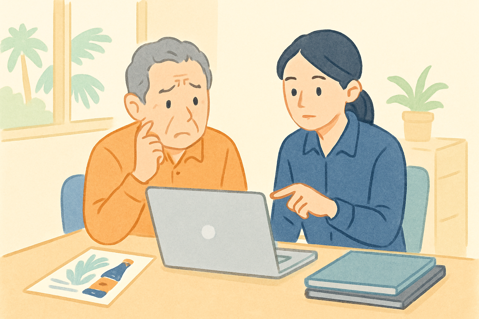 沖縄の小さな事務所で、パソコン画面をのぞきこみながら「うちはどっちだろう」と首をかしげる年配の経営者と、隣で一緒に確認する若い事務スタッフ。机には泡盛の販促チラシとファイルが積まれている