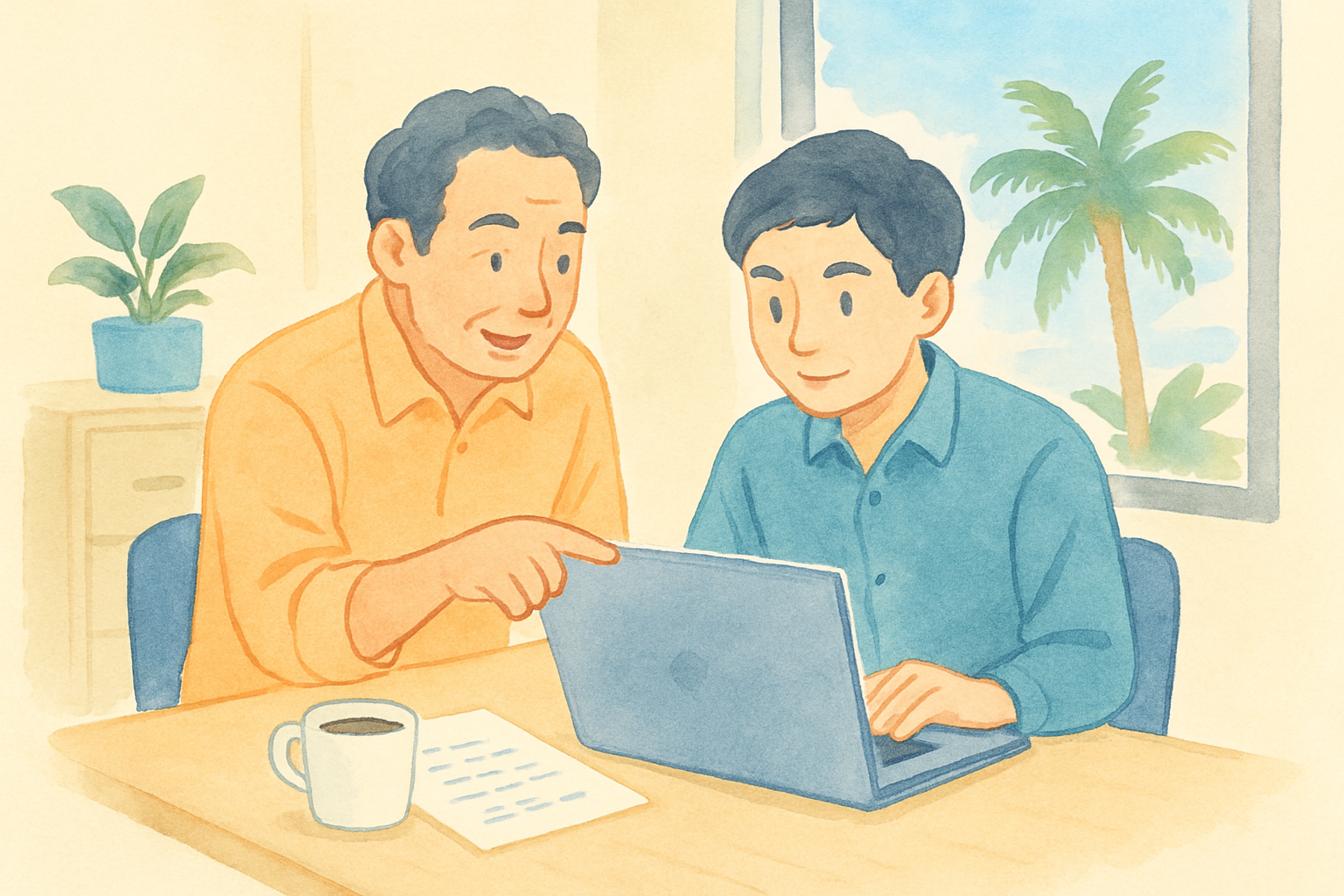 沖縄の小さな会社の事務所で、ノートパソコンの画面を指さしながら相談している経営者と若い社員。机の上には手書きのメモとコーヒー、窓の外には明るい南国の空